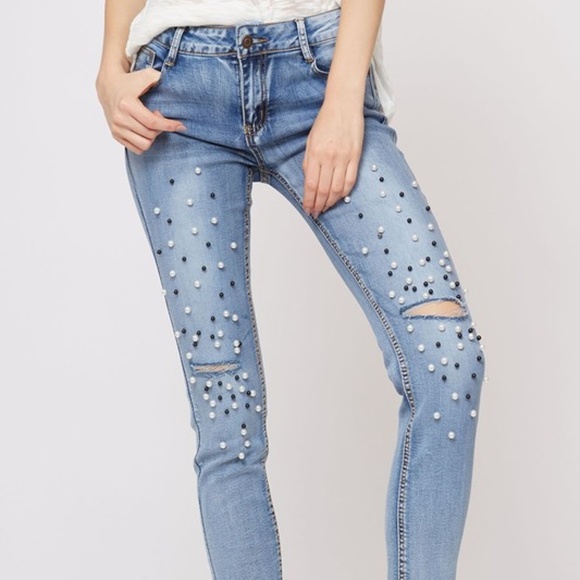 beaded trim washed skinny denim jean - Picture 3 of 8